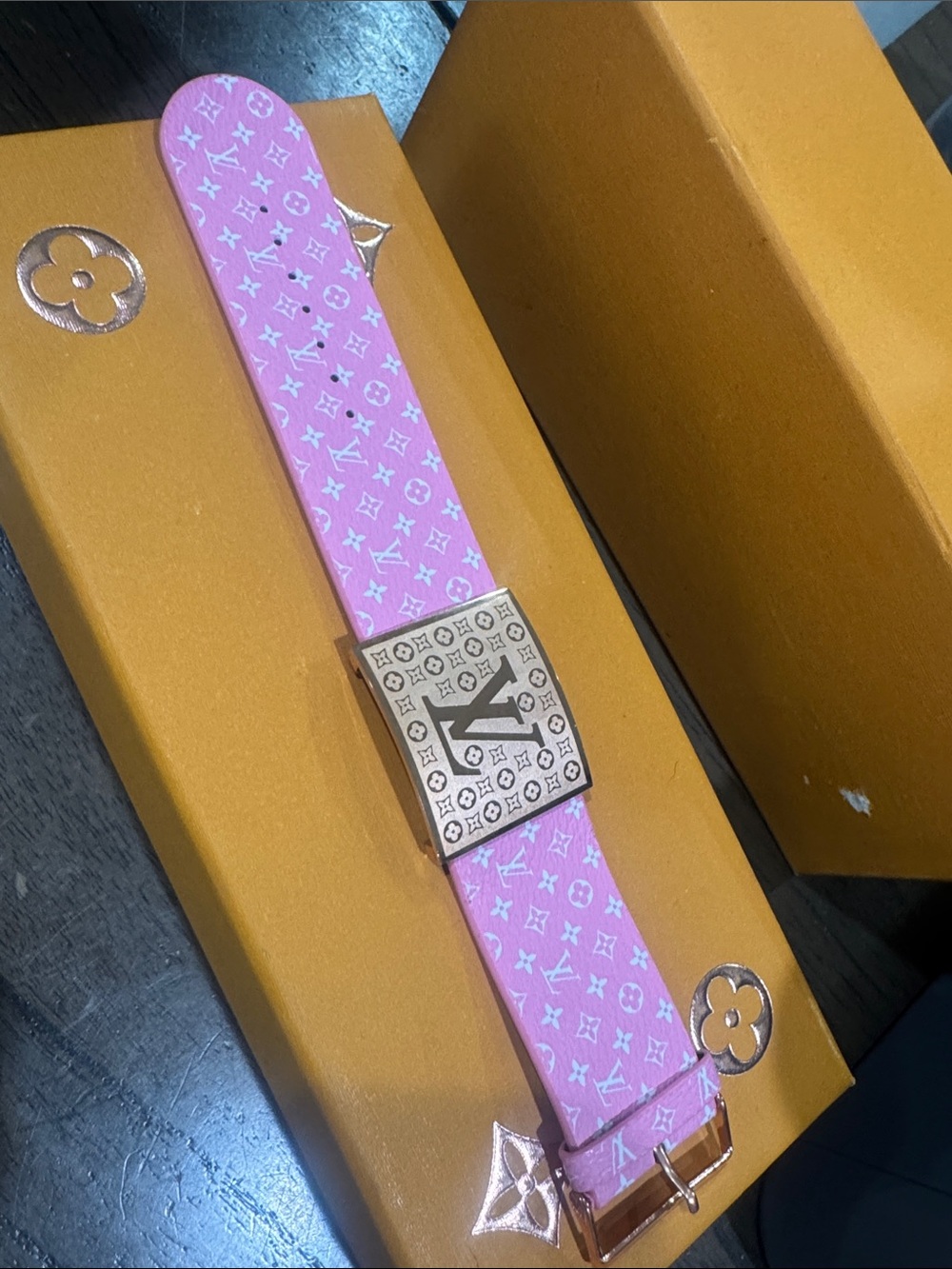 Pink Monogram Leather Bracelet with Logo Buckle